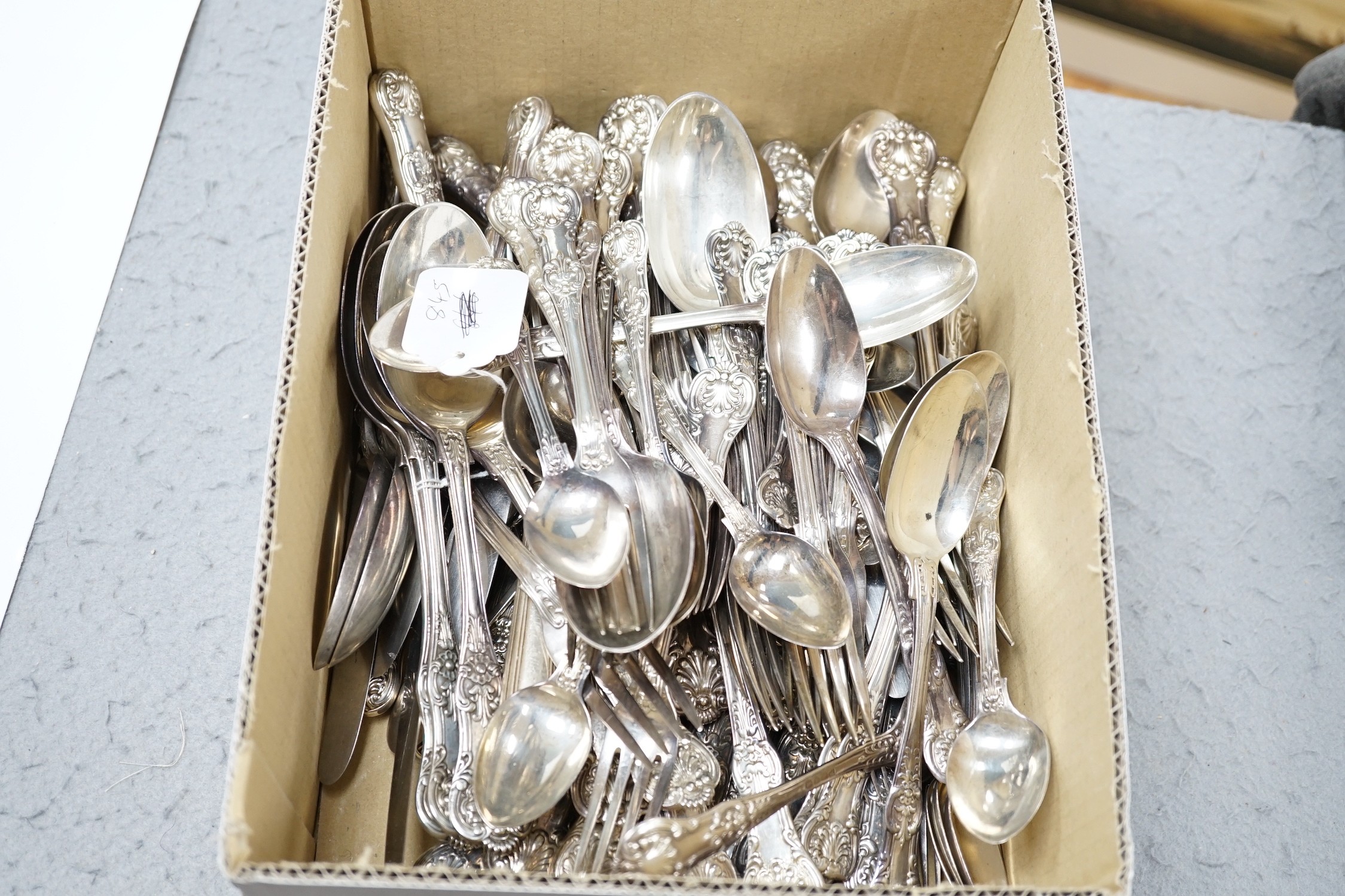 A harlequin part canteen of 19th century and later silver Queen's pattern cutlery, various dates and makers including a set of nine table forks, by William Robert Smily, London, 1855, a set of eight table spoons, Wakely